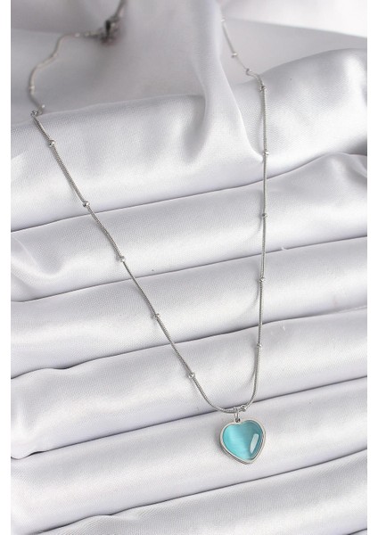 316L Çelik Gümüş Renk Mavi Kedi Gözü Sedefli Kalp Model Kadın Kolye fiyatları