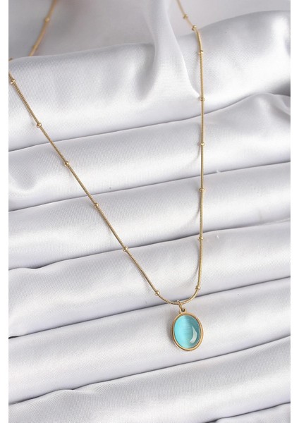 316L Çelik Gold Renk Mavi Kedi Gözü Sedefli Oval Model Kadın Kolye fiyatları