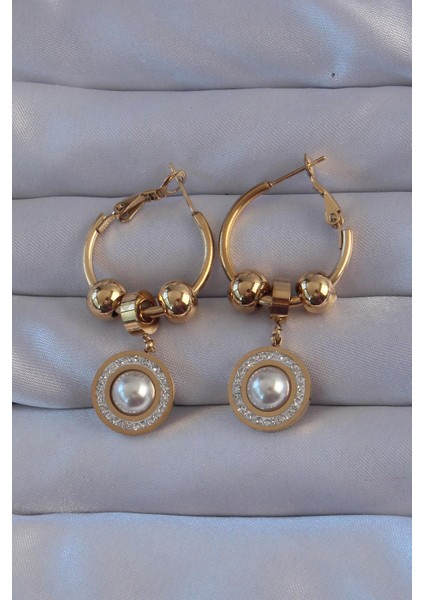 316L Çelik Gold Renk Zirkon ve Inci Taşlı Cartier Model Halka Küpe