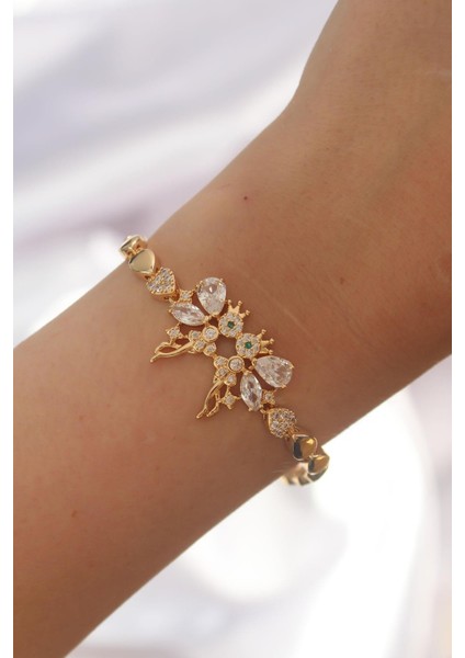Pirinç Gold Renk Zirkon Taşlı Tinkerbell Figürlü Damla Model Bileklik fiyatları