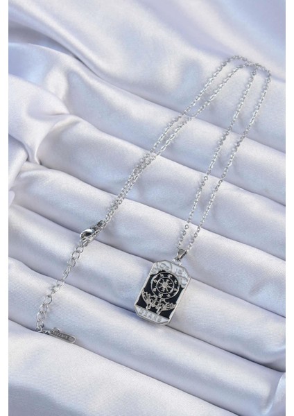 316L Çelik Zincir Gümüş Renk Işlemeli Siyah Mineli Tarot Kolye fiyatları