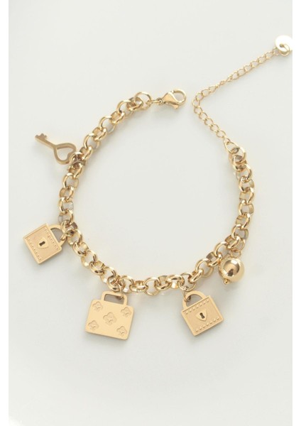 316L Çelik Gold Renk Karışık Aksesuarlı Oval Zincir Bileklik