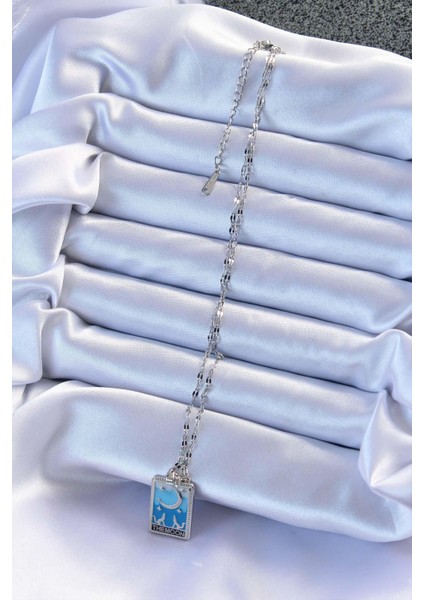 316L Çelik Zincir Gümüş Renk Mavi Mineli Ay Figür Tarot Kolye fiyatları
