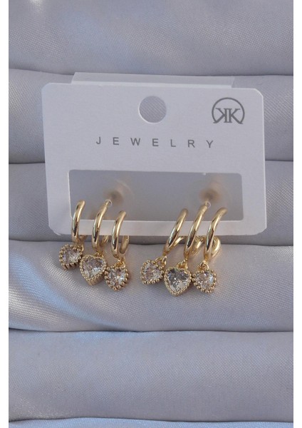 Pirinç Gold Renk Zirkon Taşlı Kalp Model Çoklu Görünüm Yarım Halka Küpe