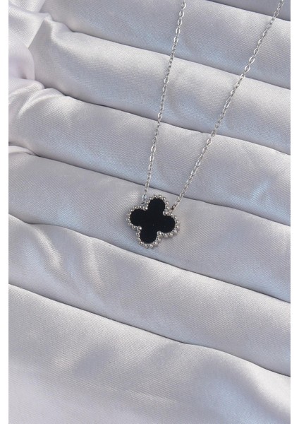 316L Çelik Gümüş Renk Siyah Mineli Yonca Kolye