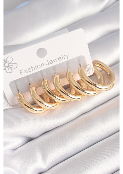 Pirinç Gold Renk Kalın Halka Model Kadın Küpe Seti