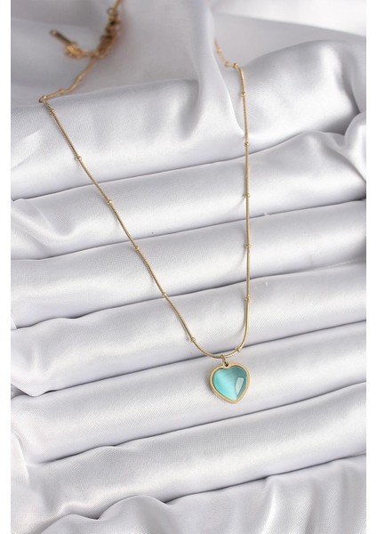 316L Çelik Gold Renk Mavi Kedi Gözü Sedefli Kalp Model Kadın Kolye fiyatları