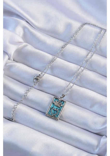 316L Çelik Zincir Gümüş Renk Zirkon Taşlı Mavi Mermer Desenli Taç Model Tarot Kolye fiyatları