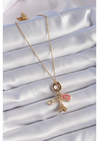 316L Çelik Gold Renk Eyfel Kulesi Fotoğraf Makinesi Figür Charm Model Kadın Kolye fiyatları