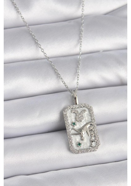 316L Çelik Gümüş Renk Zincir Boğa Burcu Zirkon Taşlı Kadın Kolye