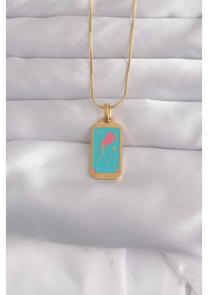 316L Çelik Gold Renk Mavi Mineli Tarot Kolye