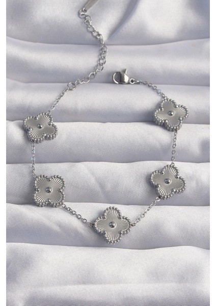 316L Çelik Gümüş Renk Motifli Yonca Bileklik