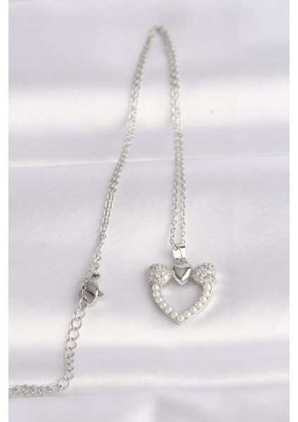 316L Çelik Zincir Gümüş Renk Inci Taş Detay Zirkon Taşlı Kalp Kolye fiyatları