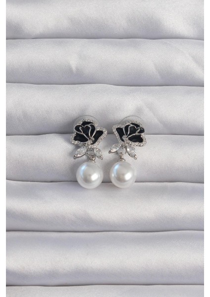 Pirinç Gümüş Renk Zirkon Taşlı Inci Detay Siyah Gül Küpe