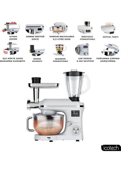 SM50 Beyaz LED Ekranlı Hamur Mayalama Kıyma Çekme Blender 2000W 6,5 Litre Stand Mikser Mutfak Şefi Hamur Yoğurma Makinesi
