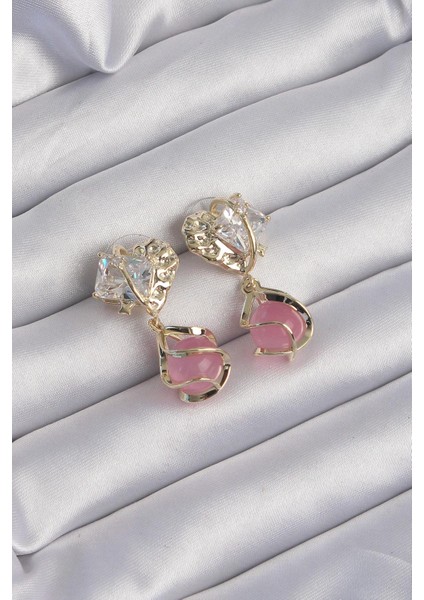 Pirinç Gold Renk Zirkon Taşlı Pembe Küre Tasarımlı Küpe