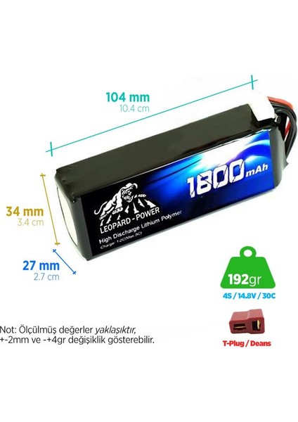 1800 mAh 14.8V 4S 30C Lityum Polimer Lipo Batarya Pil T Plug