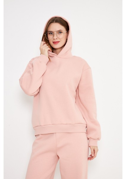 Kadın Kapüşonlu Cepli Sweatshirt Pembe