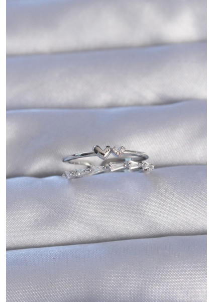 Pirinç Gümüş Renk Zirkon Taşlı Kalpli 2li Görünüm Ayarlanabilir Yüzük fiyatları