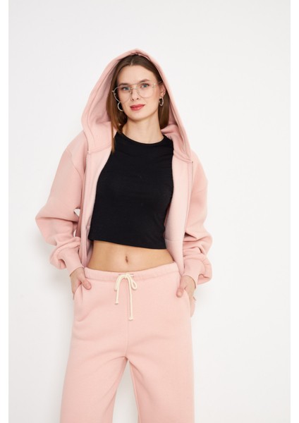 Kadın Kapüşonlu Fermuarlı Sweatshirt Pembe