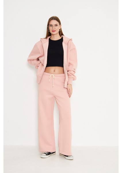 Kadın Kapüşonlu Fermuarlı Sweatshirt Pembe