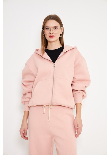 Kadın Kapüşonlu Fermuarlı Sweatshirt Pembe