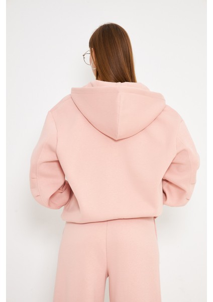 Kadın Kapüşonlu Fermuarlı Sweatshirt Pembe