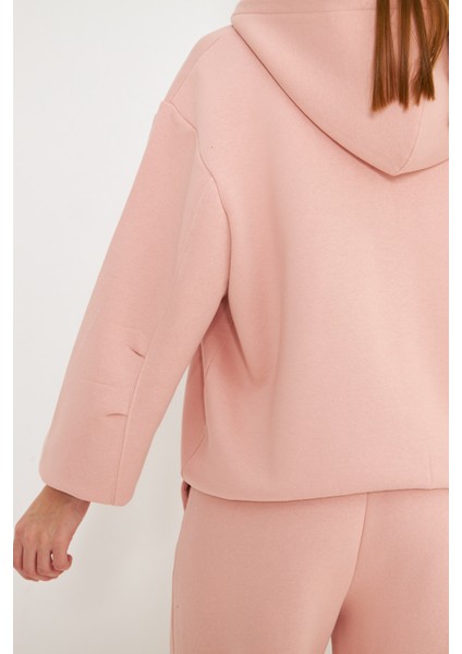 Kadın Kapüşonlu Fermuarlı Sweatshirt Pembe