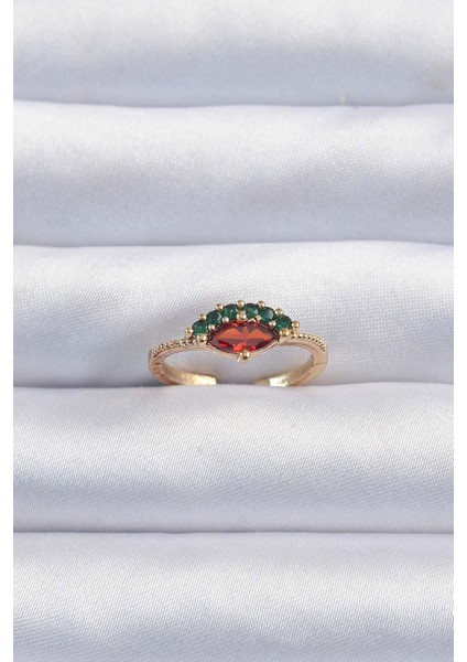 Pirinç Altın Renk Renkli Zirkon Taşlı Ayarlanabilir Karpuz Model Yüzük