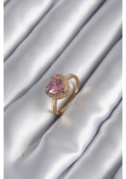 Pirinç Gold Renk Pembe Zirkon Taş Kalp Charm Model Kadın Yüzük
