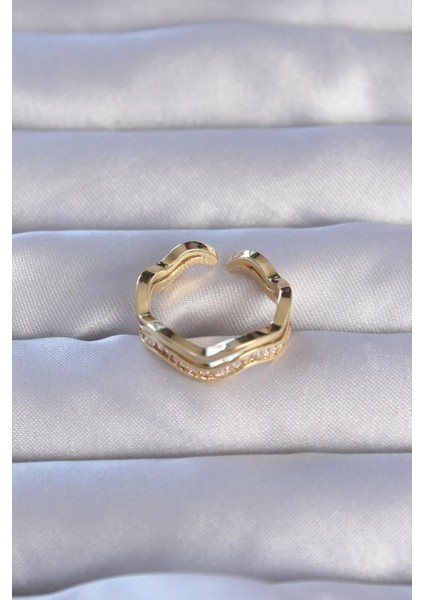 Pirinç Gold Renk Zirkon Taşlı Dalgalı Su Yolu Model Ayarlanabilir Yüzük fiyatları