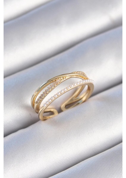 Pirinç Gold Renk Sıralı Zirkon Taş Inci Detay Çift Sıra Kadın Yüzük