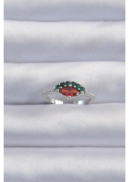 Pirinç Gümüş Renk Renkli Zirkon Taşlı Ayarlanabilir Karpuz Model Yüzük