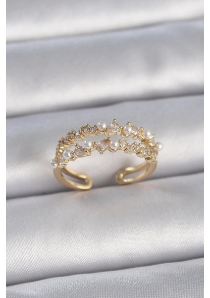 Pirinç Gold Renk Zirkon Taşlı Incili Ayarlanabilir Model Kadın Yüzük