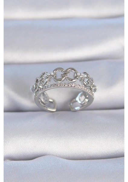 Pirinç Gümüş Renk Zirkon Taşlı Inci Detay Kadın Yüzük