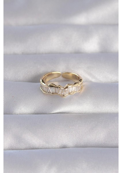 Pirinç Gold Renk Zirkon Taşlı Dalgalı Su Yolu Model Ayarlanabilir Yüzük fiyatları