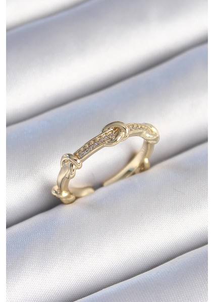 Pirinç Gold Renk Zirkon Taşlı Düğüm Model Kadın Yüzük