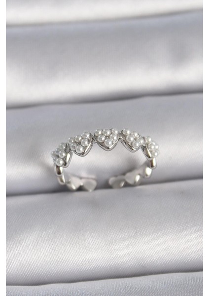 Pirinç Gümüş Renk Ayarlanabilir Incili Kalp Model Kadın Yüzük