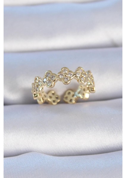 Pirinç Gold Renk Zirkon Taşlı Yonca Model Kadın Yüzük