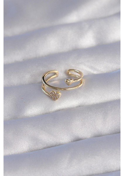 Pirinç Gold Renk Zirkon Taşlı Kalpli Model Ayarlanabilir Yüzük fiyatları