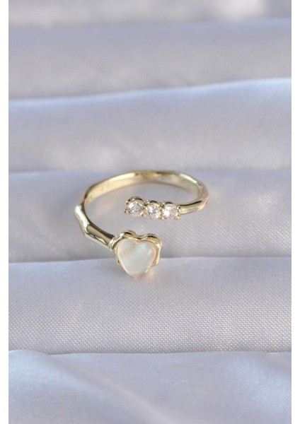 Pirinç Gold Renk Zirkon Taşlı Sedefli Kalp Model Ayarlanabilir Yüzük fiyatları