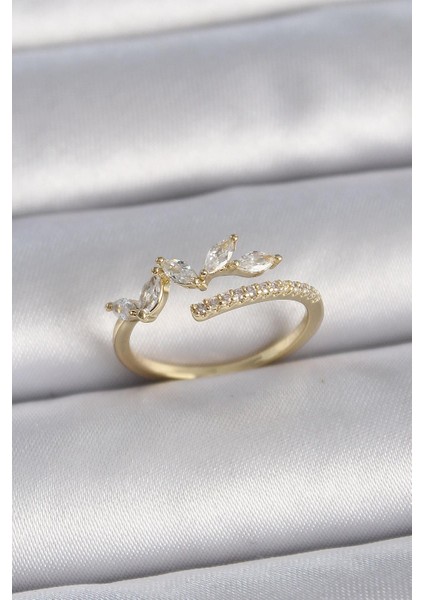Pirinç Gold Renk Ayarlanabilir Zirkon Taşlı Yaprak Model Kadın Yüzük