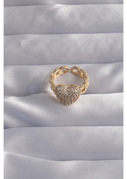 Pirinç Ayarlamalı Gold Renk Zirkon Taşlı Bombeli Kalp Yüzük fiyatları