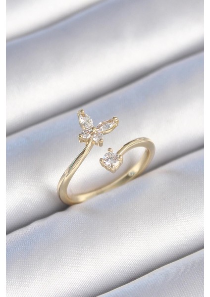 Pirinç Gold Renk Zirkon Taşlı Kelebek Model Kadın Yüzük