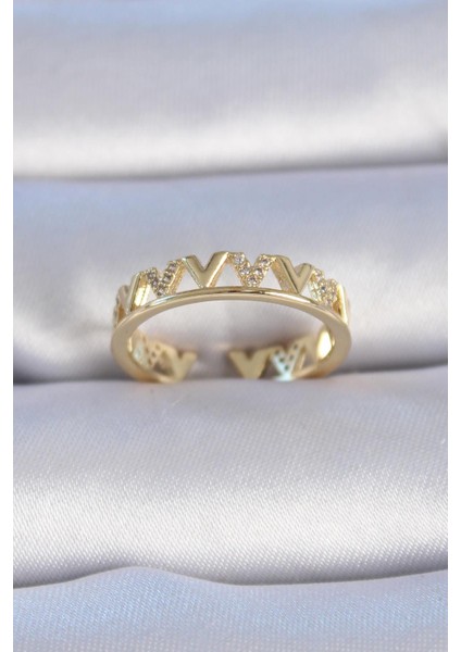 Pirinç Gold Renk Zirkon Taşlı "v" Model Kadın Yüzük