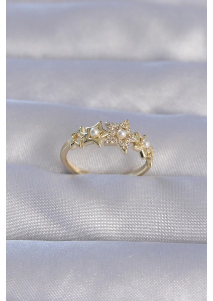 Pirinç Gold Renk Zirkon Taşlı Incili Yıldız Model Ayarlanabilir Yüzük fiyatları