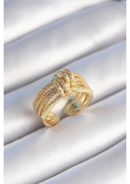 Pirinç Gold Renk Zirkon Taşlı Düğüm Model Kadın Yüzük