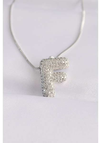 316L Çelik Zincirli Zirkon Taşlı F Harfli Silver Renk Bubble Kolye