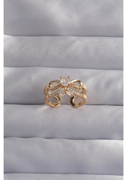 Pirinç Ayarlamalı Gold Renk Zirkon Taşlı 2li Görünüm Fiyonk Yüzük