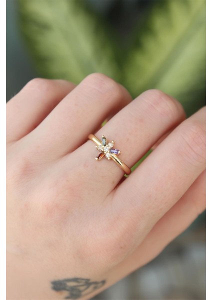 Pirinç Gold Renk Ayarlanabilir Renkli Zirkon Taşlı Yusufçuk Yüzük